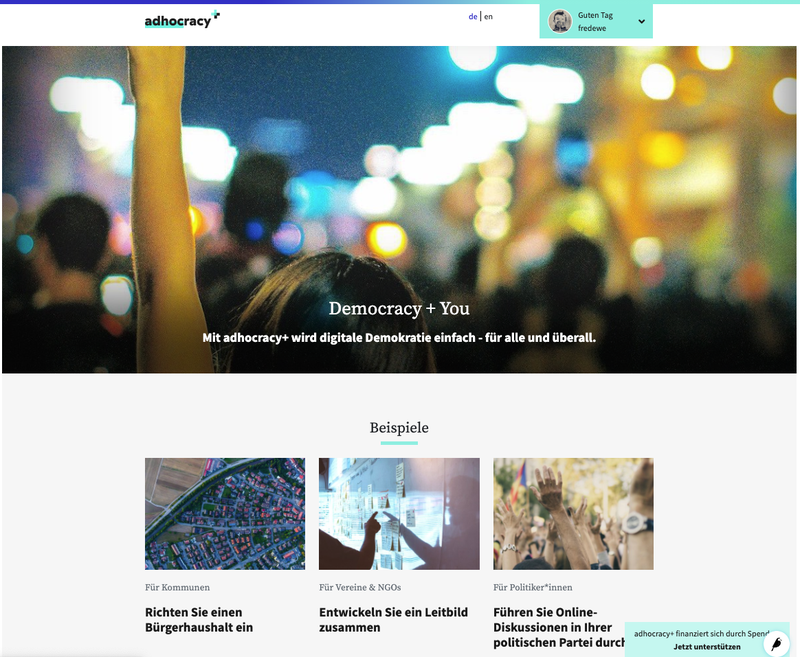 Screenshot of the homepage of adhocracy+