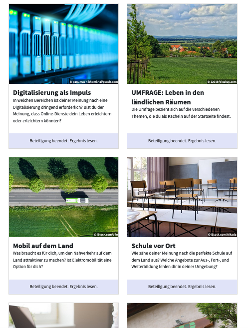 Screenshot of the different participation parts of the rural participation process. 4 parts are displayed, each with a picure and a short intruduction text below.