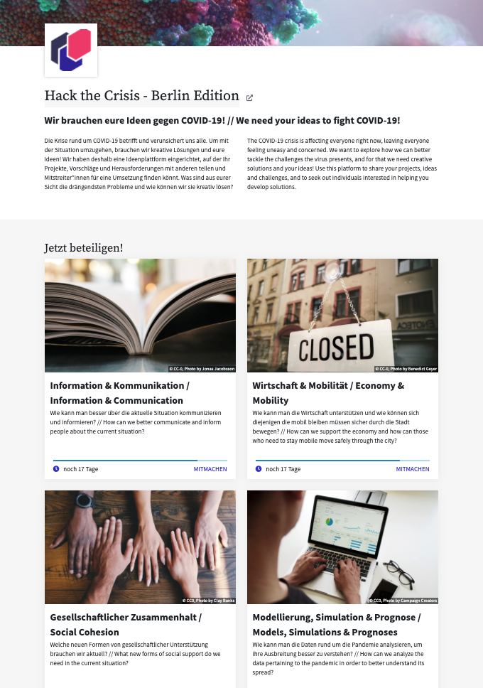 Screenshot of the start page of the participation process "Hack the Crisis". At the top is an introduction to the participation and below are 4 different categories to participate in.