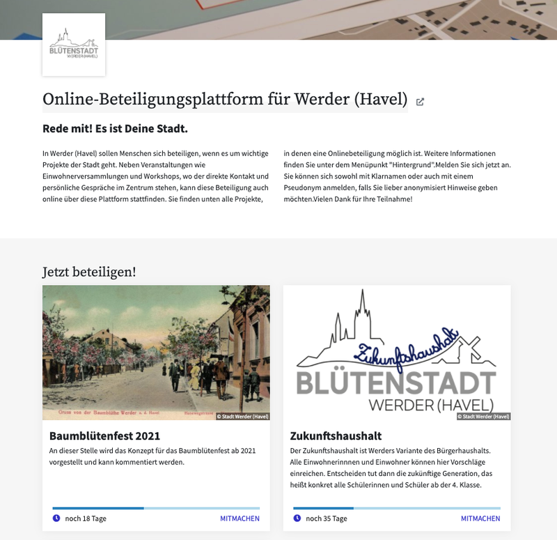 Landing page with the participation processes from Werder (Havel). At the top is an introduction and below two different participation processes.