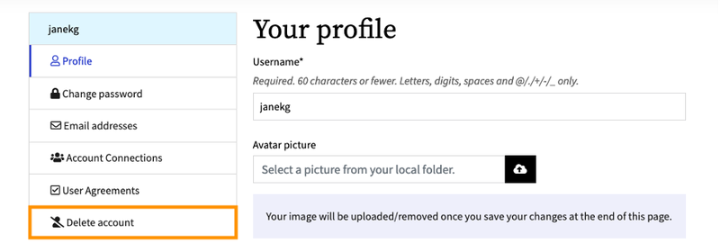 The "delete account" option in user settings