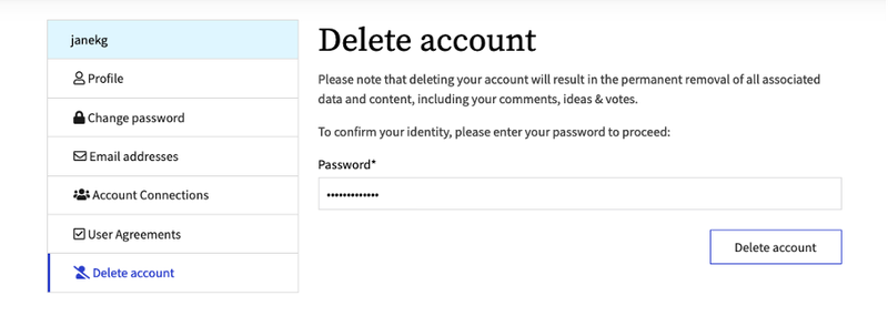 The "delete account" page in the user settings
