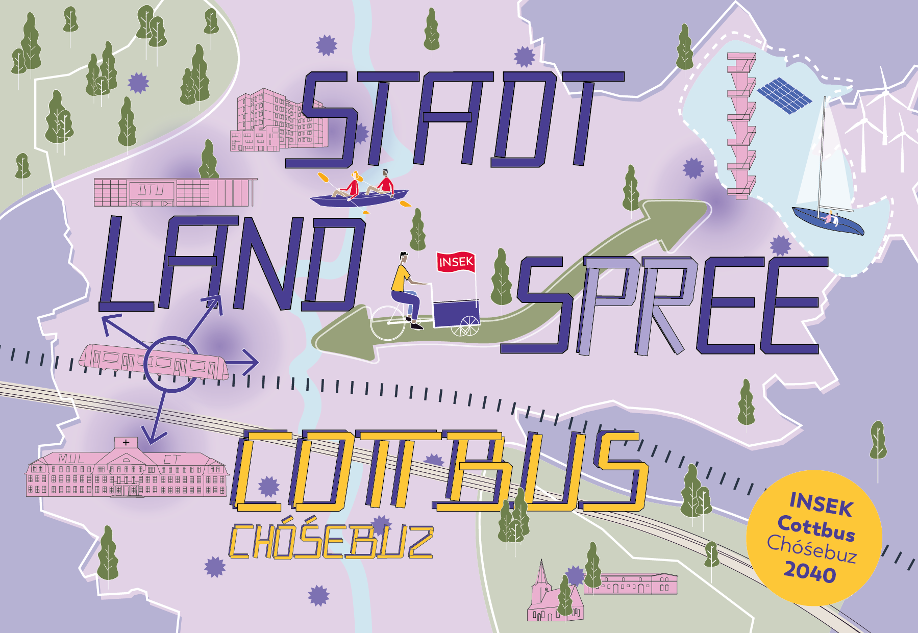 Abstrakte grafische Darstellung des Cottbuser Stadtgebiets mit dem Schriftzug Stadt, Land, S(pr)ee, See Cottbus/Chóśebuz
