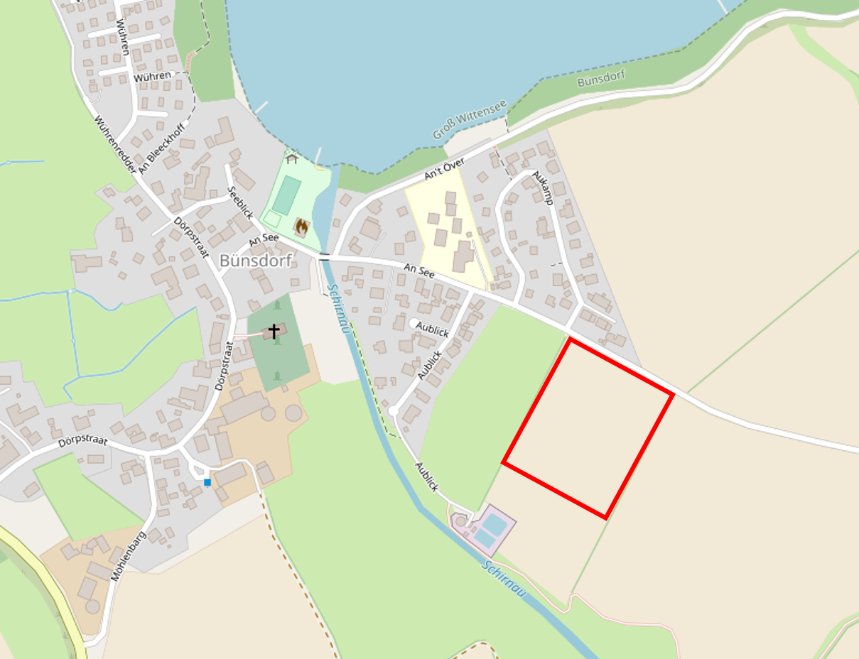 Lageplan: südlich der Straße Aukamp, östlich der Straße Aublick und nördlich der Schirnauer Au