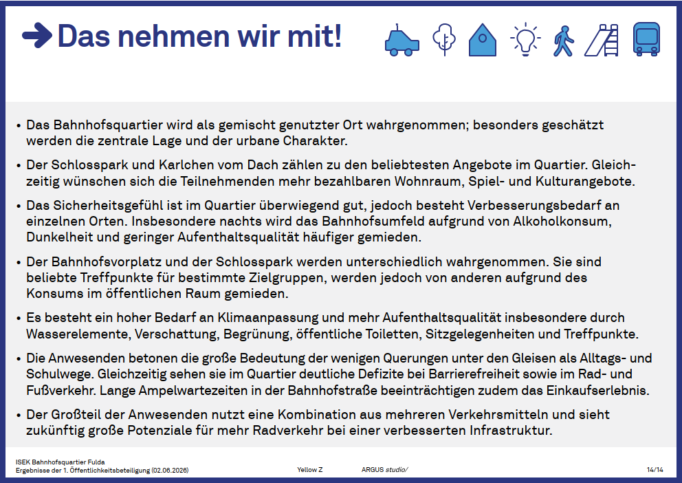Das Bahnhofsquartier wird als gemischt genutzter Ort wahrgenommen; besonders geschätzt werden die zentrale Lage und der urbane Charakter. • Der Schlosspark und Karlchen vom Dach zählen zu den beliebtesten Angebote im Quartier. Gleich- zeitig wünschen sich die Teilnehmenden mehr bezahlbaren Wohnraum, Spiel- und Kulturangebote. • Das Sicherheitsgefühl ist im Quartier überwiegend gut, jedoch besteht Verbesserungsbedarf an einzelnen Orten. Insbesondere nachts wird das Bahnhofsumfeld aufgrund von Alkoholkonsum, Dunkelheit und geringer Aufenthaltsqualität häufiger gemieden. • Der Bahnhofsvorplatz und der Schlosspark werden unterschiedlich wahrgenommen. Sie sind beliebte Treffpunkte für bestimmte Zielgruppen, werden jedoch von anderen aufgrund des Konsums im öffentlichen Raum gemieden. • Es besteht ein hoher Bedarf an Klimaanpassung und mehr Aufenthaltsqualität insbesondere durch Wasserelemente, Verschattung, Begrünung, öffentliche Toiletten, Sitzgelegenheiten und Treffpunkte. • Die Anwesenden betonen die große Bedeutung der wenigen Querungen unter den Gleisen als Alltags- und Schulwege. Gleichzeitig sehen sie im Quartier deutliche Defizite bei Barrierefreiheit sowie im Rad- und Fußverkehr. Lange Ampelwartezeiten in der Bahnhofstraße beeinträchtigen zudem das Einkaufserlebnis. • Der Großteil der Anwesenden nutzt eine Kombination aus mehreren Verkehrsmitteln und sieht zukünftig große Potenziale für mehr Radverkehr bei einer verbesserten Infrastruktur.