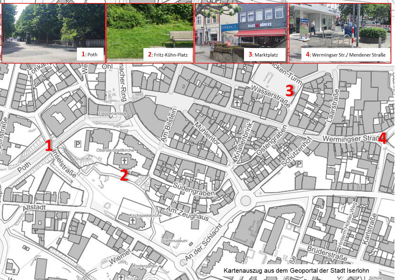 Überblick über die vier Standorte für die Verleihbox in der Innenstadt