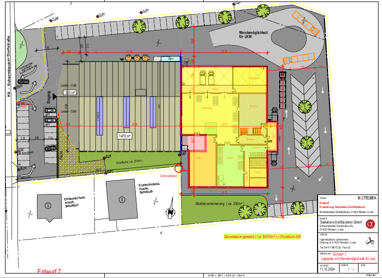 Übersicht über Bestand und Neubau (in Gelb)