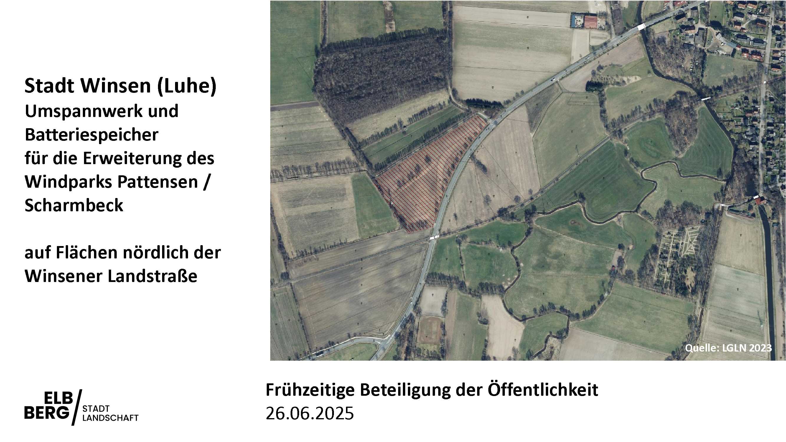 Titelbild zur frühzeitigen Beteiligung der Öffentlichkeit für ein Umspannwerk mit Batteriespeicher für die Erweiterung des Windparks Pattensen / Scharmbeck - Blick auf den Geltungsbereich