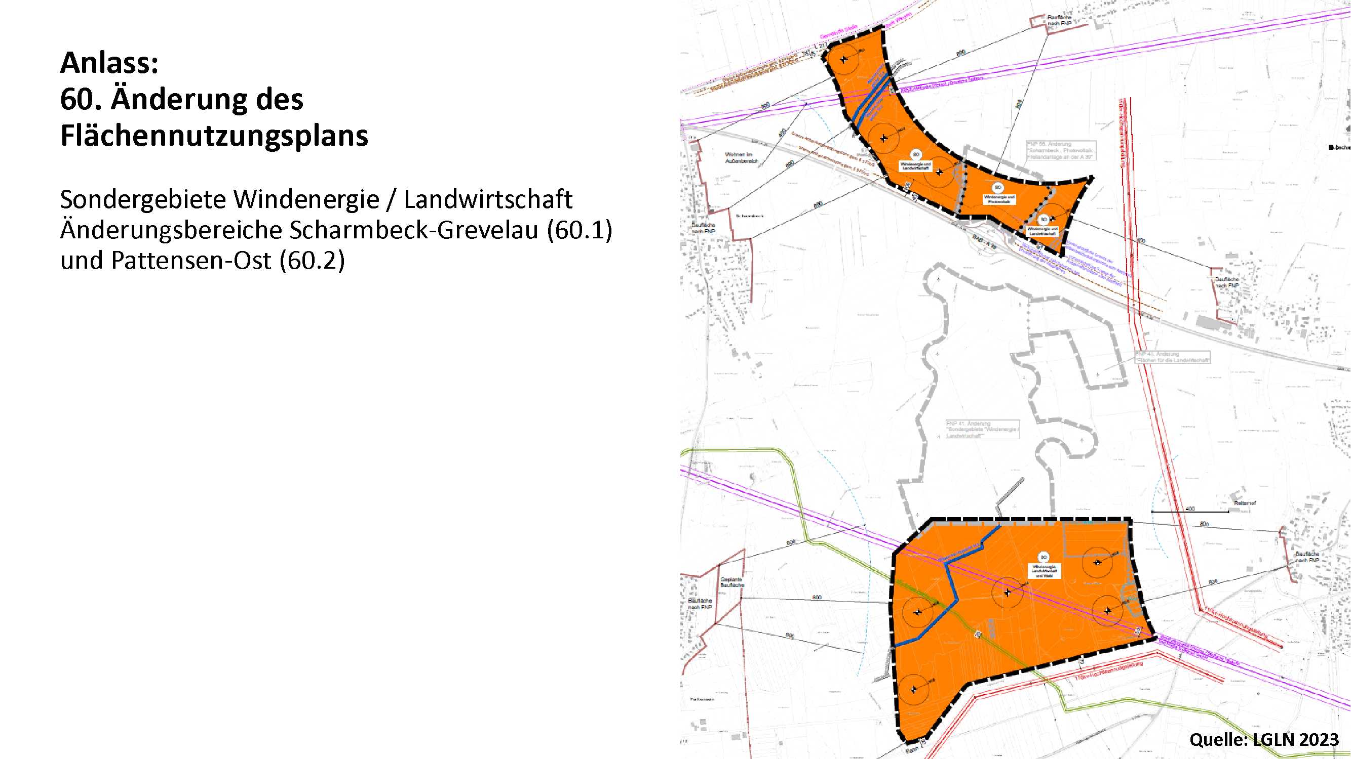 Sondergebiete Windenergie / Landwirtschaft, Änderungsbereiche Scharmbeck (Grevelau) und Pattensen Ost - Kartendarstellung der 60. Änderung des Flächennutzungsplanes