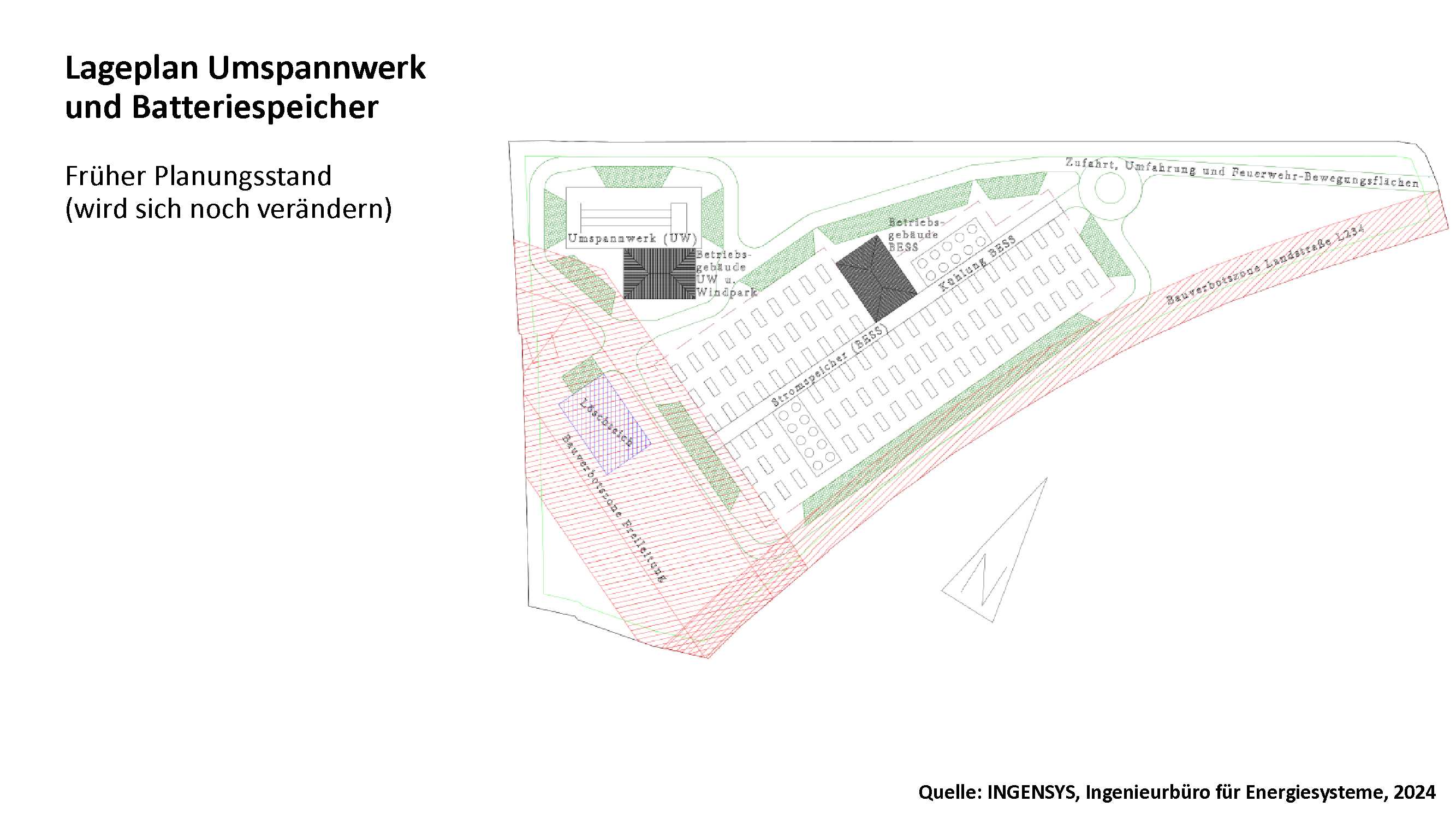 Lageplan Umspannwerk und Batteriespeixher (früher, noch veränderlicher Planungsstand)
