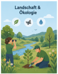 Das Bild zeigt eine Frau mit Fernglas und einen Mann, der einen Baum pflanzt. Es handelt sich um das Icon-Bild der Werkstatt Landschaft und Ökologie.