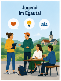 Eine Gruppe Jugendlicher sitzt an einem Tisch im Freien und diskutiert.