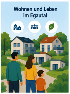 Eine Familie betrachtet mehrere Häuser.
