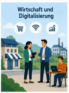 Zwei Personen in Businesskleidung unterhalten sich, ein weiterer Mann sitzt an einem Laptop.