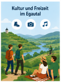 Ein Paar sitzt auf einer Picknickdecke, zwei Wanderer sind unterwegs, im Hintergrund sieht man eine Fahrradfahrer.