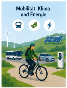 Eine Frau fährt mit dem Fahrrad. Im Hintergrund sind Windräder, Solarpanele und eine E-Ladesäule zu sehen.