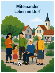 Senioren, Erwachsene und ein Kind treffen sich auf dem Dorfplatz..