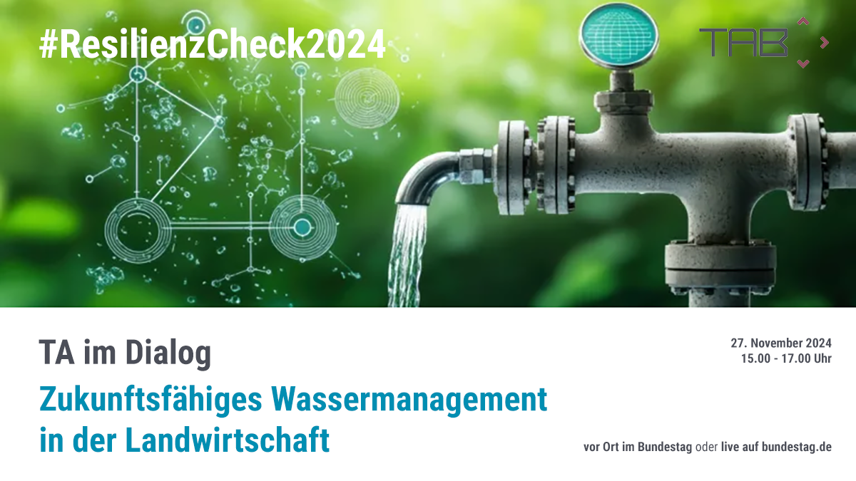 Text: TA im Dialog: Wasser Zukunftsfähiges Wassermanagement in der Landwirtschaft. Bild: Wasserfließt aus einem Rohr und symbolisiert die Bedeutung von Wassermanagement und Nachhaltigkeit. Enjoy/Adobe Stock (generiert mit KI)